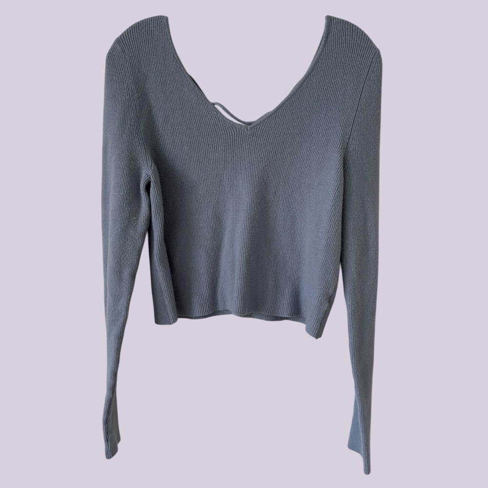 Arizona Blue Ribbed Soft Lace UP Back Crop Sweater